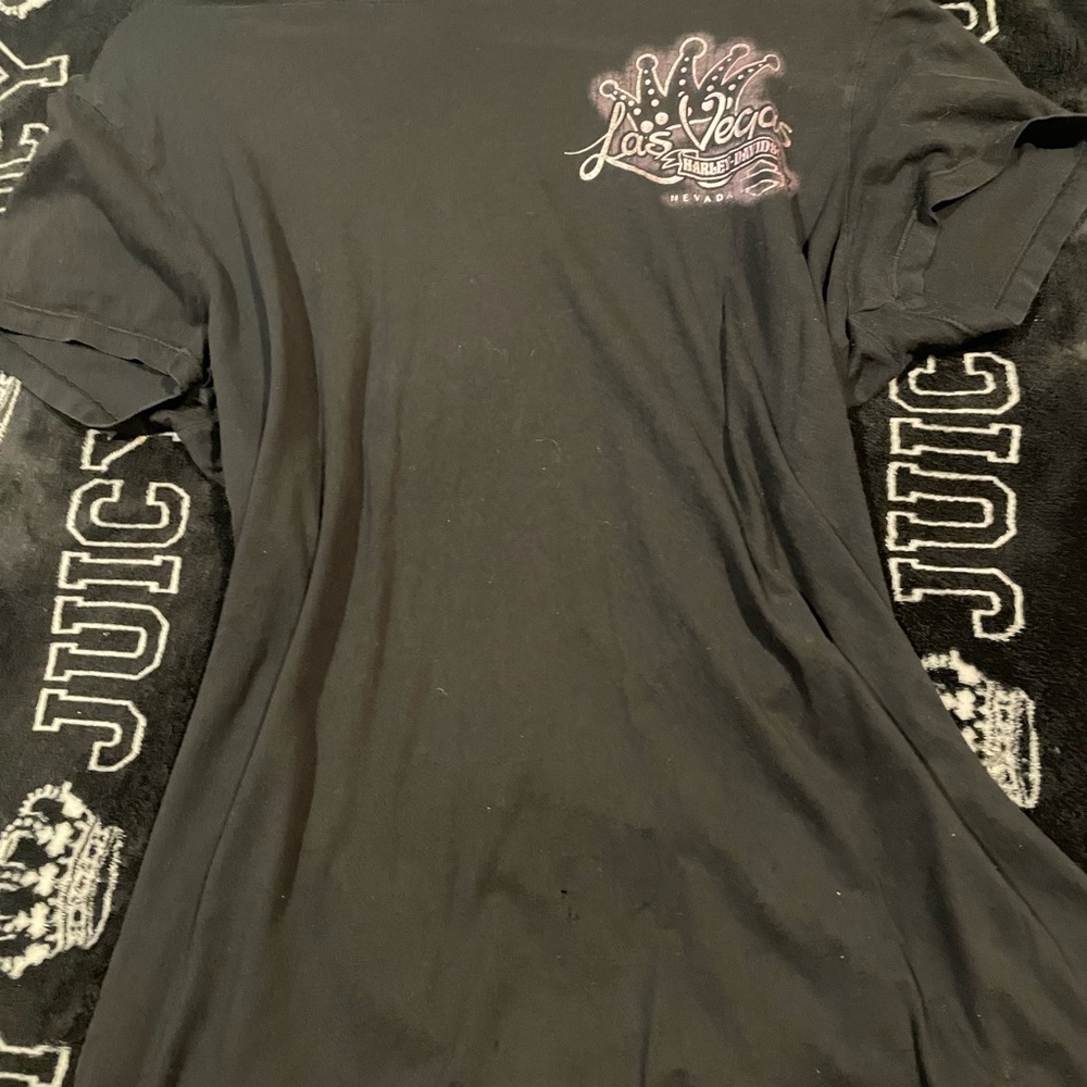 Harley tee, purple, black, and a lil white and silver